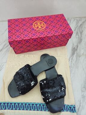 Tory Burch Black Sequin Slide Sandals